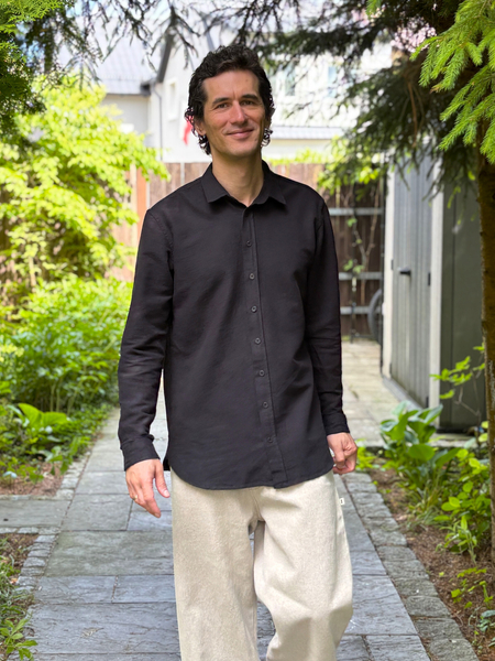 Men's black long-sleeved cotton and hemp shirt