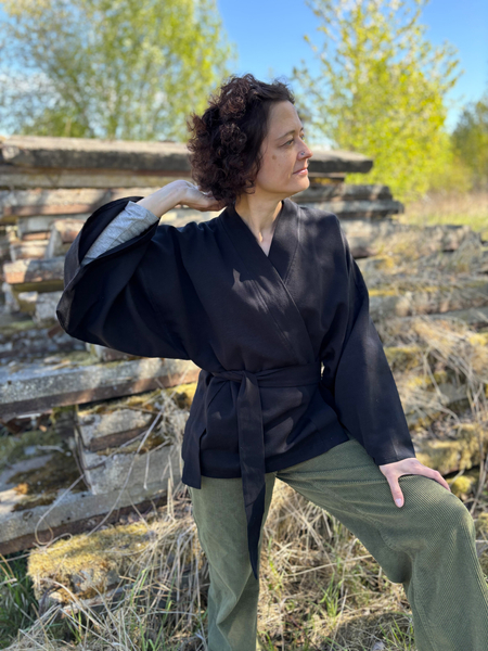 Cotton and hemp black kimono