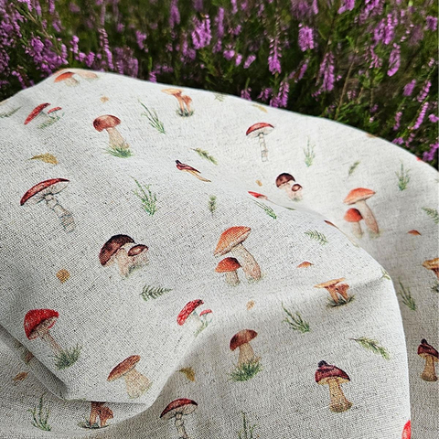 Cotton-hemp fabric PRINT “MUSHROOMS” – PLAIN weave (1 m)