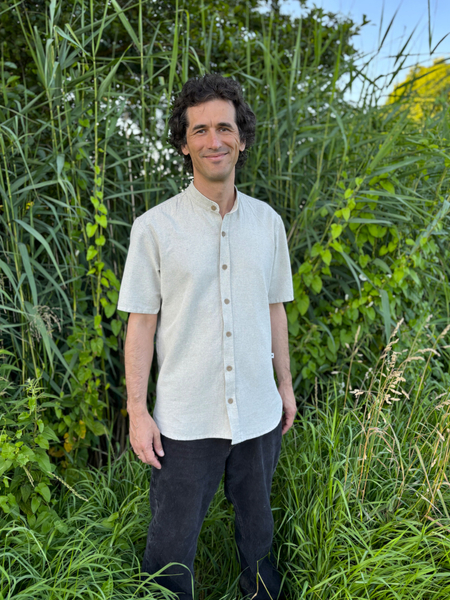 Men's short sleeve Polish Hemp natural shirt with stand-up collar