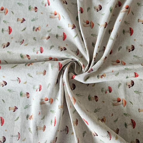 Cotton-hemp fabric PRINT “MUSHROOMS” – PLAIN weave (2 m)