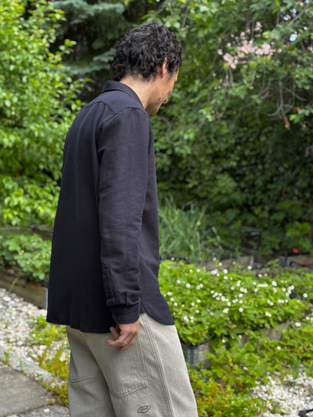 Men's black long-sleeved cotton and hemp shirt